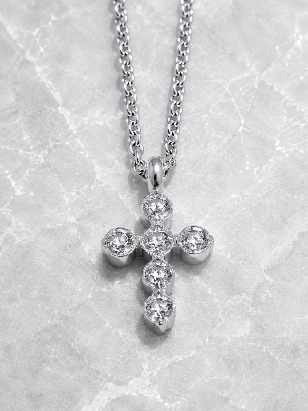 Silver tone Cross Pendant Necklace with Clear Stones
